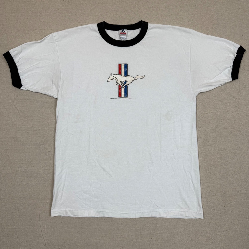 AAA Ford Mustang Ringer Tee XL 22.5x29.5 Graphic Shirt White Black Retro Racing